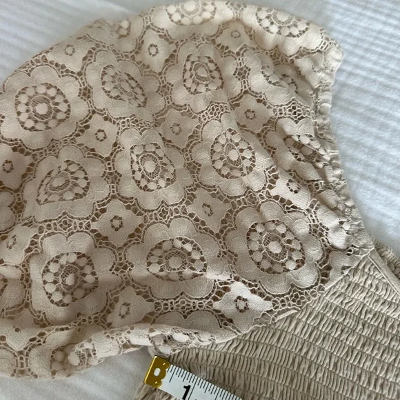 Mason & Belle Smocked Crochet Cap Sleeve Peplum Ruffle Hem Top in Ivory, Large - Picture 7 of 10